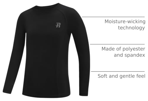 Boys Compression Shirt - Kids Long Sleeve Athletic Undershirt - Large, Black