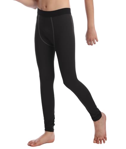 Boys Compression Pants - Thermal Athletic Leggings for Kids - Black