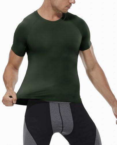 Men's Short Sleeve Compression Shirt - Cool Dry, Dark Green, Small