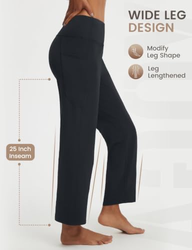 Baleaf Women's 25" Black Yoga Pants with Pockets - Large, Wide Leg, High Waist, Ankle-Length, Travel & Casual Wear