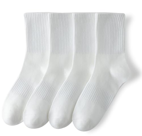 YUWELL Women's Cotton Crew Socks 4 Pairs Size 5-10 White Striped, One Size