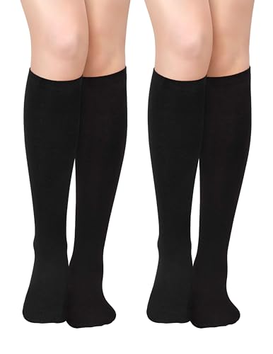 Knee High Socks for Women - 2 Pack Solid Black & Striped Tube Socks