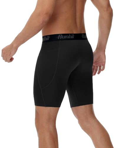 Runhit Men's Compression Shorts with Pockets 9" Black & White Medium - Athletic Workout Base Layer