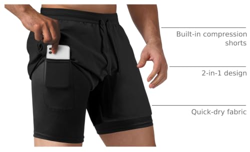 2-in-1 Men's Athletic Running Shorts - Workout Gym Training - Medium Black