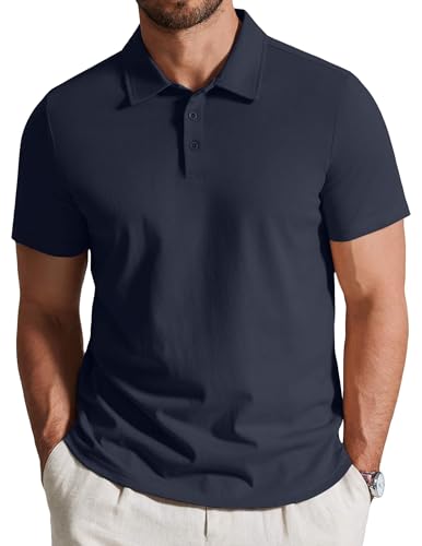 COOFANDY Men's Cotton Polo Shirt - Short Sleeve Golf Casual Work, Large Midnight Blue