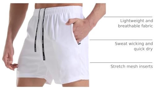 Men's 5-Inch Gym Shorts - Lightweight Quick Dry Athletic Shorts with Zipper Pockets - Large, White