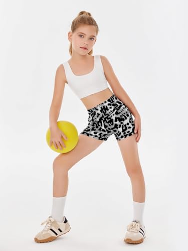 Girls High-Waisted Leopard Print Athletic Shorts - Gray-Leopard, 5-6Y