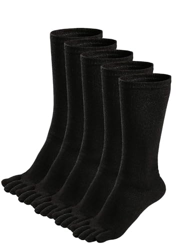 ZAKASA Toe Socks for Men – Crew Five-Finger Athletic Running Socks, 11-13 / Black, 5 Pairs
