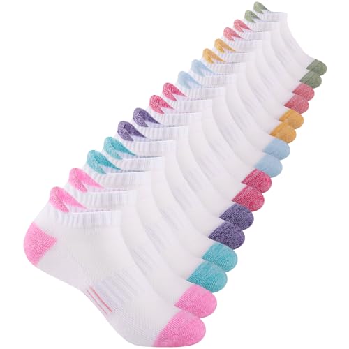 Athletic Ankle Socks for Girls - 8 Pairs, Cushioned Sole, 7-10 Years / White
