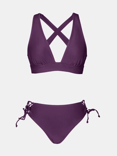 CUPSHE Women's Bikini Set Deep V Neck Two-Piece Swimsuit - Mid Rise, Grape Purple, Medium