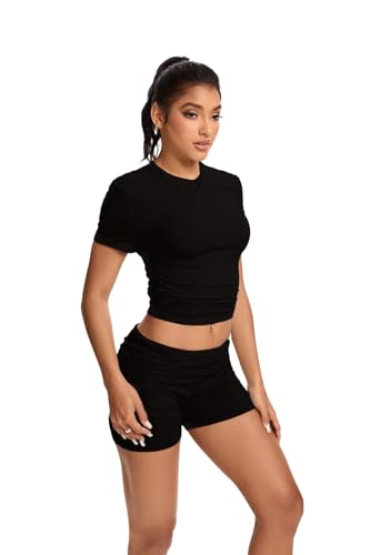 Women’s Workout 2-Piece Set X-Large Black Gym Wear Slim Short Sleeve Top & Foldover Shorts