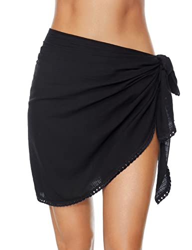 Women's Black Medium Sarong Coverup Skirt with Short Tassels - Beach Wrap