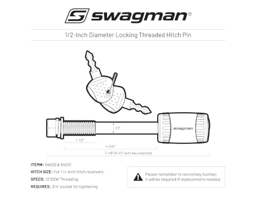 Swagman 1/2-Inch Locking Hitch Pin with 8ft Security Cable for Bike Racks