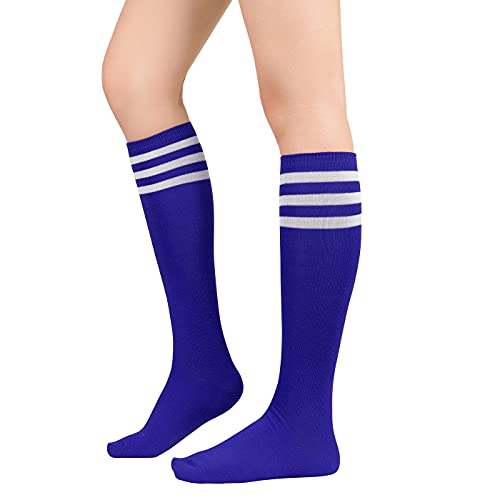 Athletic Knee High Socks - Casual Striped Tube Socks, Blue & White