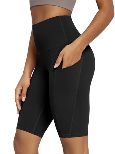 High Waist Tummy Control Biker Shorts with Pockets - 10" Inseam, X-Large, Black