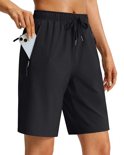 Viodia Women's 9/11 Bermuda Shorts with Zipper Pockets - Black, Large, 9" Inseam