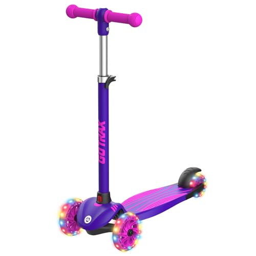 Kids Kick Scooter with LED Light-Up Wheels, 3 Adjustable Heights, Lean to Steer, Lightweight, Wide Anti-Slip Deck