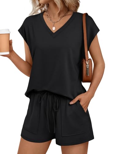AUTOMET 2-Piece Summer Short Set for Women, V-Neck Cap Sleeve Lounge Clothing, Large / Black