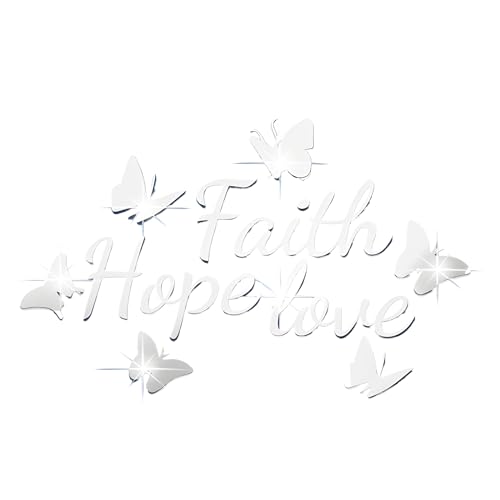 Faith Hope Love 3D Acrylic Mirror Wall Decor Stickers, Butterfly Faith Hope Love Wall Decal, Peel and Stick Motivation Letter Wall Sayings Vinyl Lettering Art Quotes for Home Bedroom, Silver