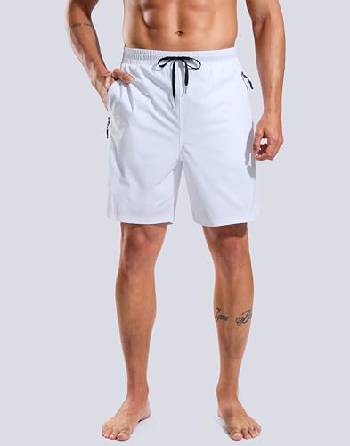 G Gradual Men's 7-Inch Swim Trunks with Compression Liner, White, Large