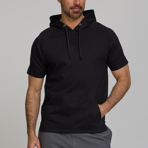Men's Short Sleeve Hoodie - Breathable Athletic Pullover, Large Black