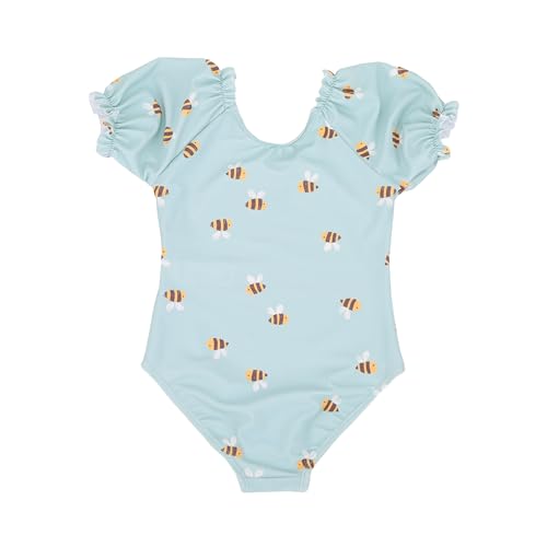 Girls' One-Piece Swimsuit - Adorable Bunny Floral Puff Sleeve - Green 7-8Y