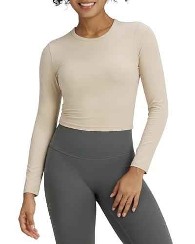 Slim Athletic Long Sleeve Workout Top for Women - Khaki, Large