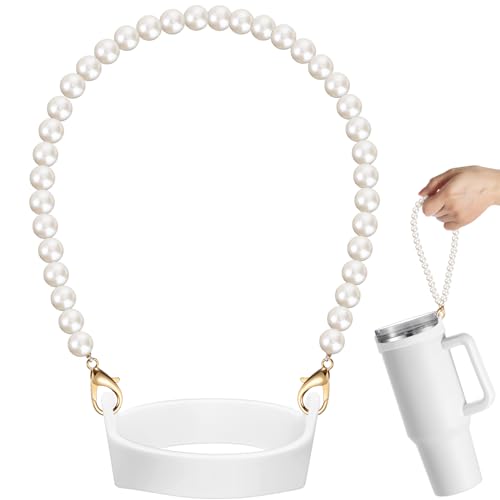 Silicone Water Bottle Holder Sling with Pearl Strap - White