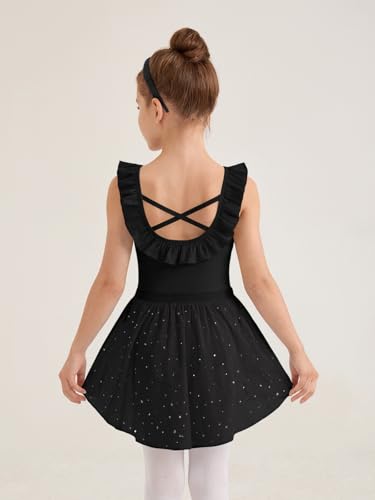 Girls Ballet Leotard with Ruffle Trim & Removable Skirt - Black, 5-6 Years