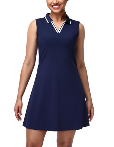 MIER Women's Golf Dress Navy Medium V Neck Sleeveless with Zip Pocket