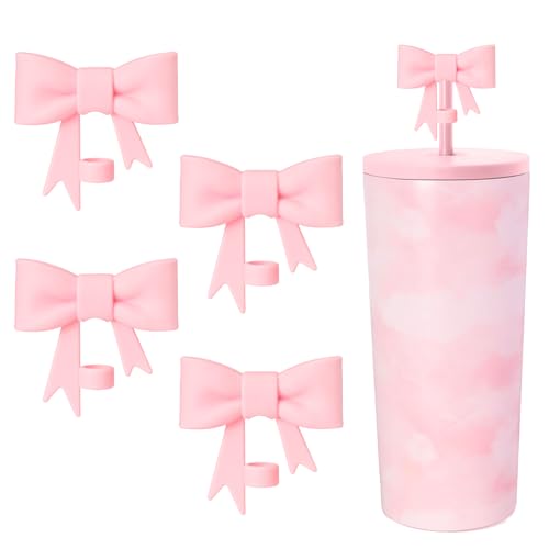 Cute Bow Straw Covers - 4 Pcs Reusable Silicone Lids for 8mm Straws - Pink