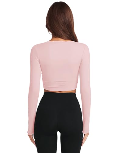 NIASHOT Women's Long Sleeve Pilates Workout Wrap Top - Pink, Medium