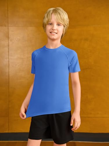 Boys Compression Shirt - Short Sleeve Quick Dry Base Layer, Blue, 9-10 Years