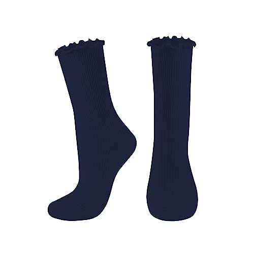 Cute Ruffle Crew Socks for Women - Navy Blue, One Size
