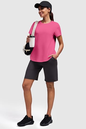 Loose Fit Workout Tops for Women - Short Sleeve Athletic T-Shirt - Large Hot Pink