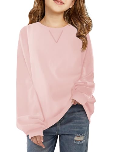 Girls Casual Crewneck Sweatshirt - Long Sleeve Pullover Top, Pink, 7-8 Years