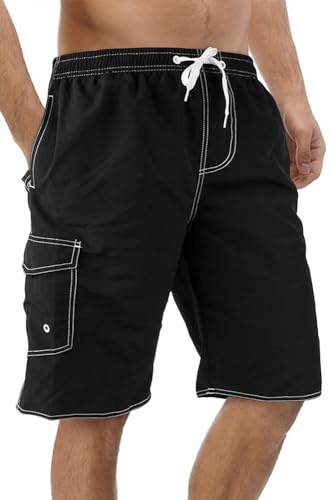 Men's Quick Dry Swimming Trunks with Mesh Lining - Large Black