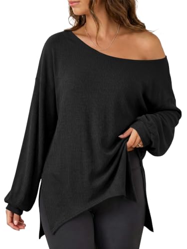 Fisoew Women's Off Shoulder Sweatshirt Medium Black Oversized Long Sleeve Ribbed Knit Pullover