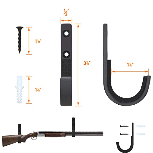 Heavy Duty Steel Gun Rack Wall Mount - Horizontal Shotgun Hooks - Black - 1 Pair