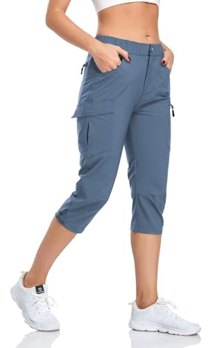GymBrave Women's Medium Stone Blue Quick Dry Cargo Pants with Zipper Pockets - Water Resistant UPF 50 Outdoor Hiking & Camping Capris