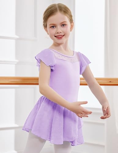 Zaclotre Girls Ballet Leotard with Ruffle Sleeves & Sparkle - Light Purple 4-5T