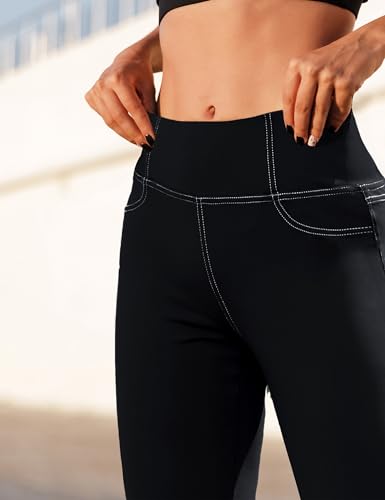 VOOVEEYA Women's High-Waisted Curvy Yoga Leggings with Back Pockets - Capri-19 Inseam, Large, Black