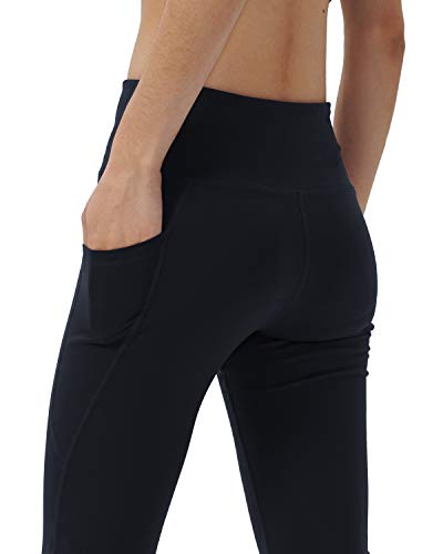 Keolorn Women's Bootleg Yoga Pants with Hidden Pockets, Tummy Control, Large Black