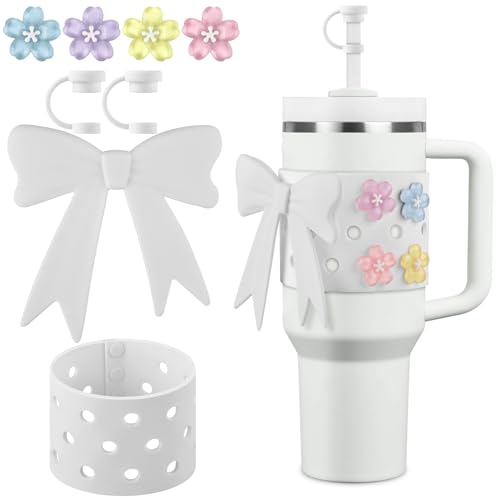Silicone Tumbler Accessory Set for 40oz Cup - Bow & Sakura Decoration (White)