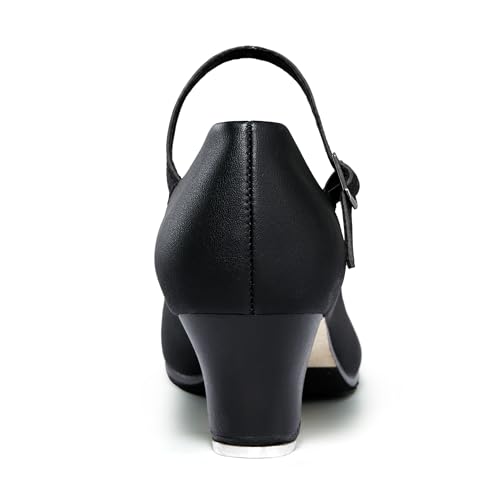 Linodes PU Leather Ankle Strap Character Tap Shoes 1.55'' for Women - Black, Size 6