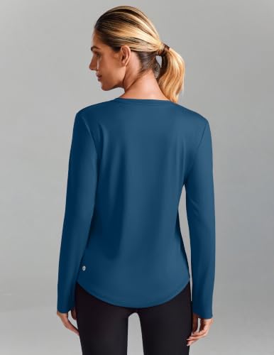 PINSPARK Long Sleeve UPF 50+ Running Top for Women, V-Neck, Dark Blue, Large