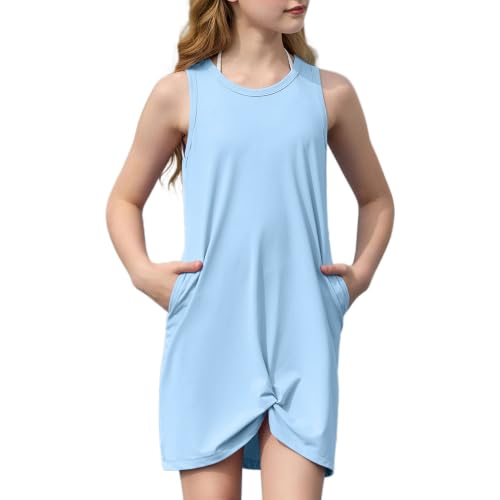 Girls Sleeveless Swim Cover Up Dress with Pockets - Blue, 12-13 Years