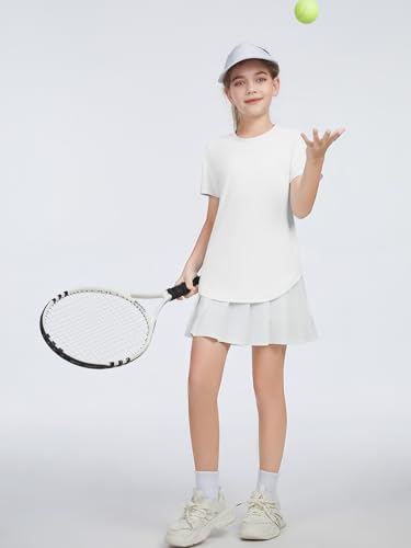 Girls Athletic Short Sleeve Tunic Tee - Soft Gym Workout Shirt - White 11-12Y