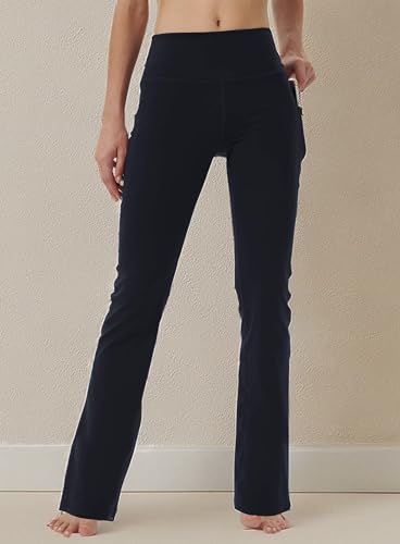 Keolorn Women's Bootleg Yoga Pants with Hidden Pockets, Tummy Control, Large Black