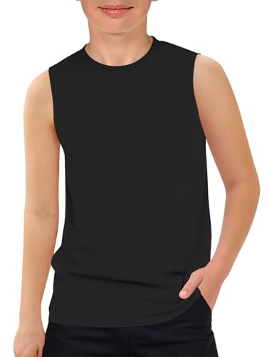 Boys Athletic Tank Top - Sleeveless Quick Dry Shirt, Black, 7-8 Years
